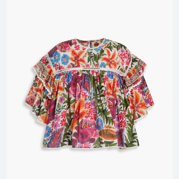 FARM Rio Tops - FARM RIO Ruffled Floral-Print Cotton Top, SMALL NWOT